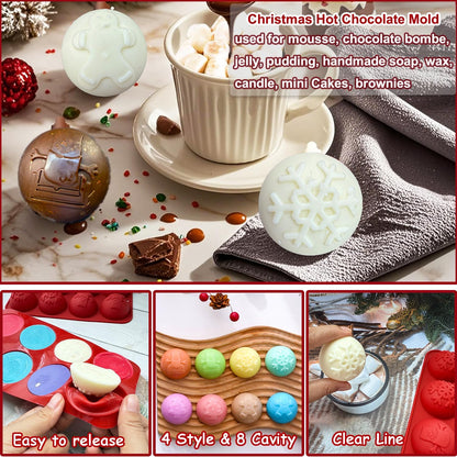 2 Pcs Christmas Hot Cocoa Bomb Mold, 8-Cavity Christmas Hot Chocolate Bomb Mold with Xmas Tree Snowflake Snowman Shape Half Sphere round Chocolate Silicone Molds for Mousse Cake Jelly Pudding Jello