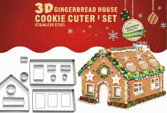 Gingerbread House Cookie Cutter Set (10 pces), 3D Gingerbread House Kit Christmas Cookie Cutters for Kids Gingerbread Houses Mold Gift Box Packaging