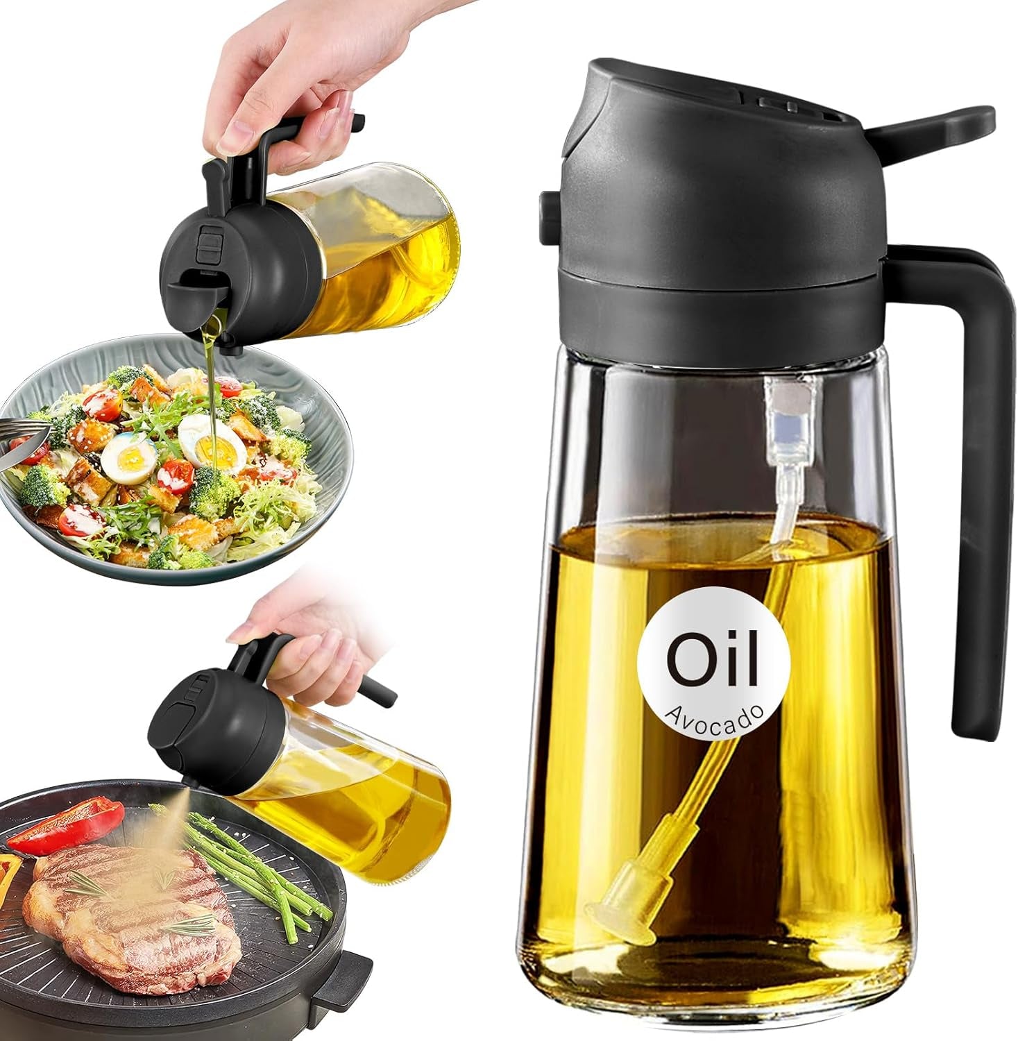 16Oz/470Ml Glass Olive Oil Sprayer for Cooking with Stickers, 2 in 1 Oil Dispenser for Kitchen Gadgets, Food Grade Premium Spray Bottle with Portion Control for Salad, Frying, BBQ (Black)