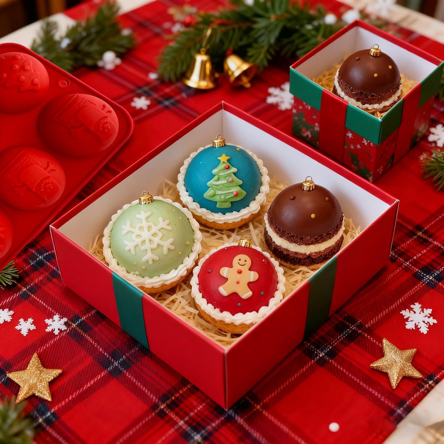 2 Pcs Christmas Hot Cocoa Bomb Mold, 8-Cavity Christmas Hot Chocolate Bomb Mold with Xmas Tree Snowflake Snowman Shape Half Sphere round Chocolate Silicone Molds for Mousse Cake Jelly Pudding Jello