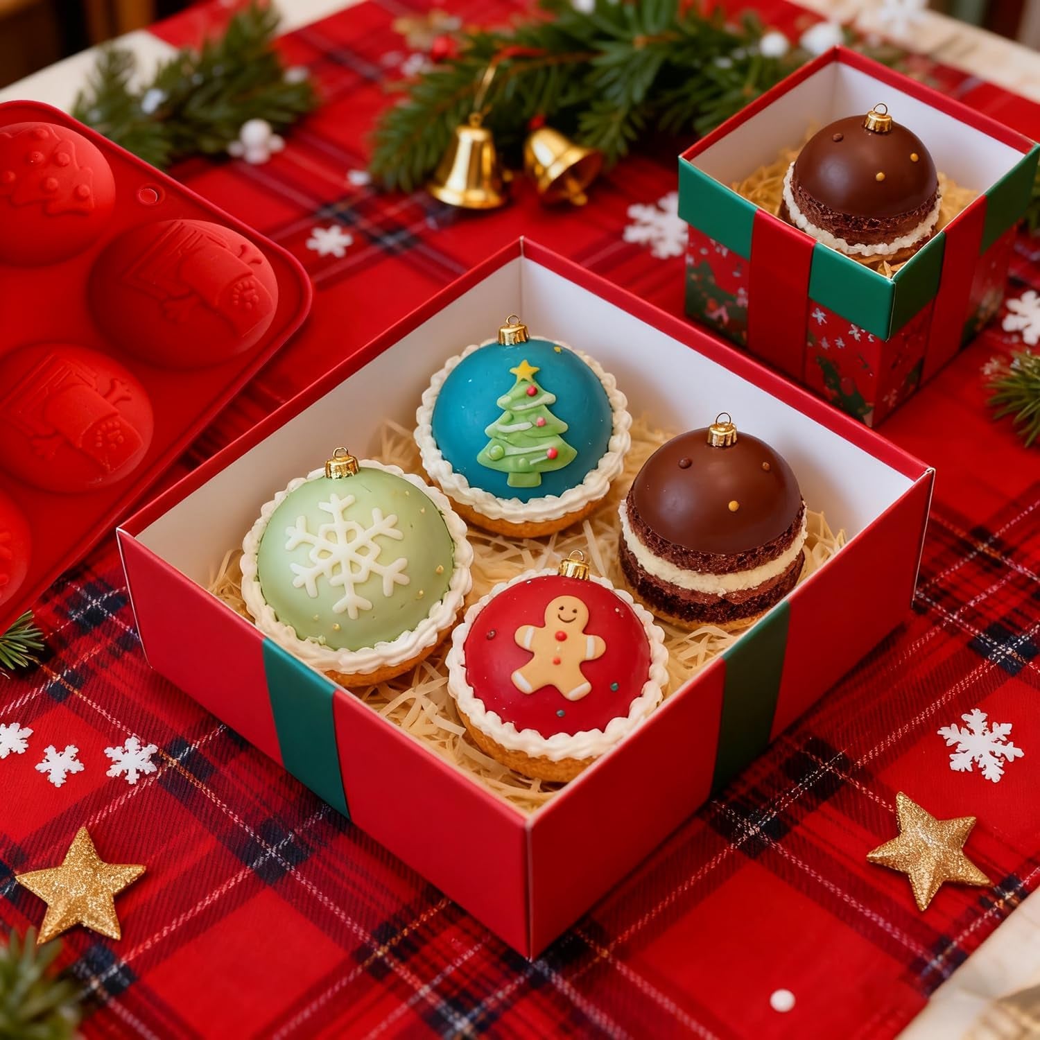 2 Pcs Christmas Hot Cocoa Bomb Mold, 8-Cavity Christmas Hot Chocolate Bomb Mold with Xmas Tree Snowflake Snowman Shape Half Sphere round Chocolate Silicone Molds for Mousse Cake Jelly Pudding Jello