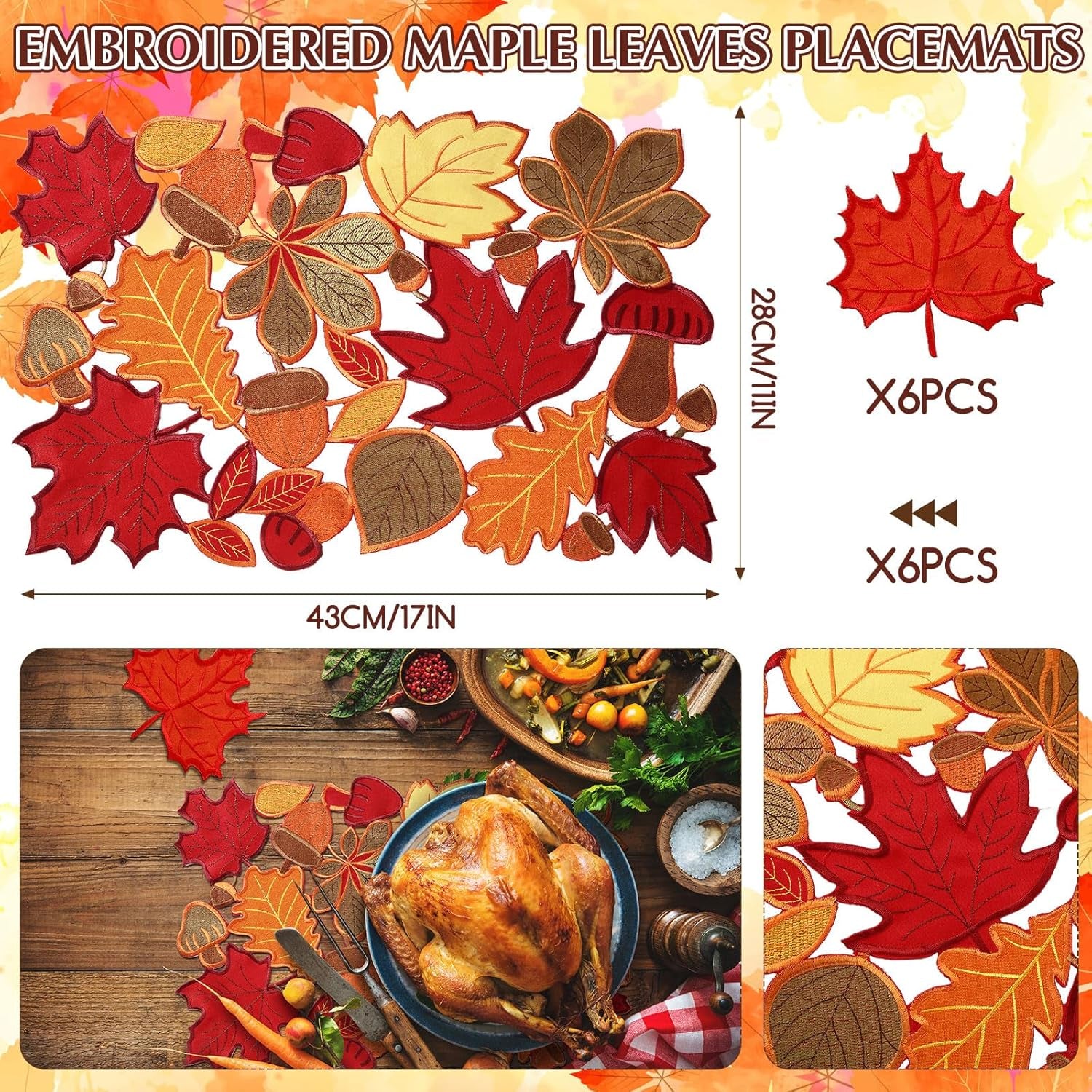 12 Pcs Thanksgiving Maple Leaves Placemats and Coaster Set of 6 Leaf Table Placemats 11 X 17 Inches Embroidered Washable Mats for Thanksgiving Fall Autumn Harvest Decorations