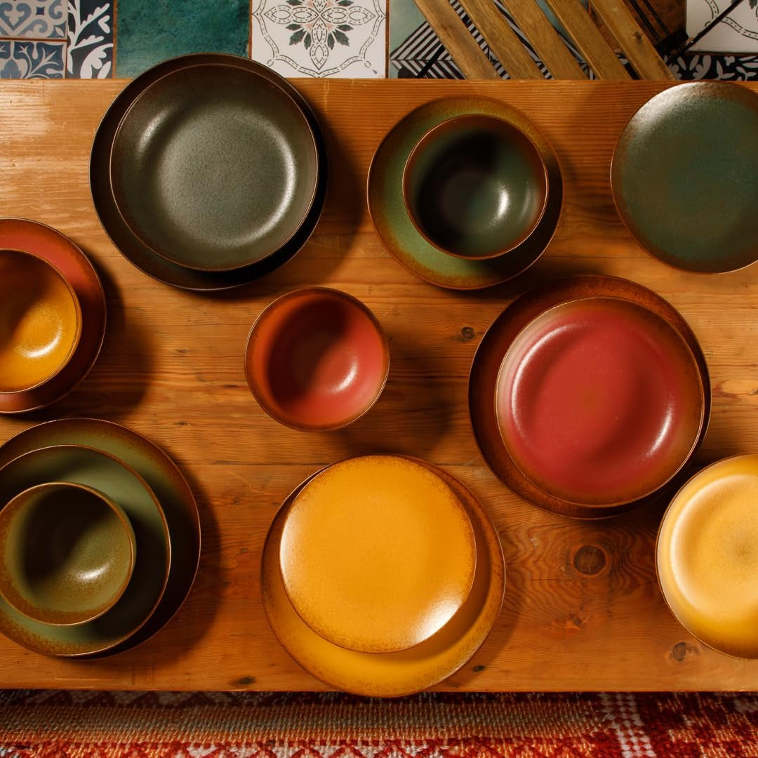 Palermo Sun Double Bowl Stoneware Reactive Glaze Plates and Bowls Dinnerware Set - Tumeric Yellow, Service for Four (16Pcs)